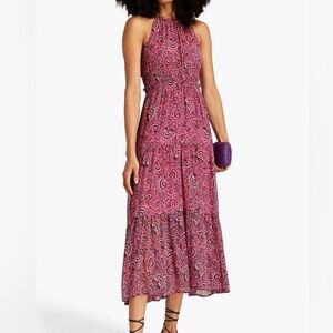 A.L.C. Pink Elara Tiered Printed 100% Silk High Neck Sleeveless Midi Dress